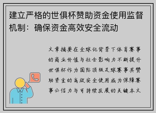 建立严格的世俱杯赞助资金使用监督机制：确保资金高效安全流动
